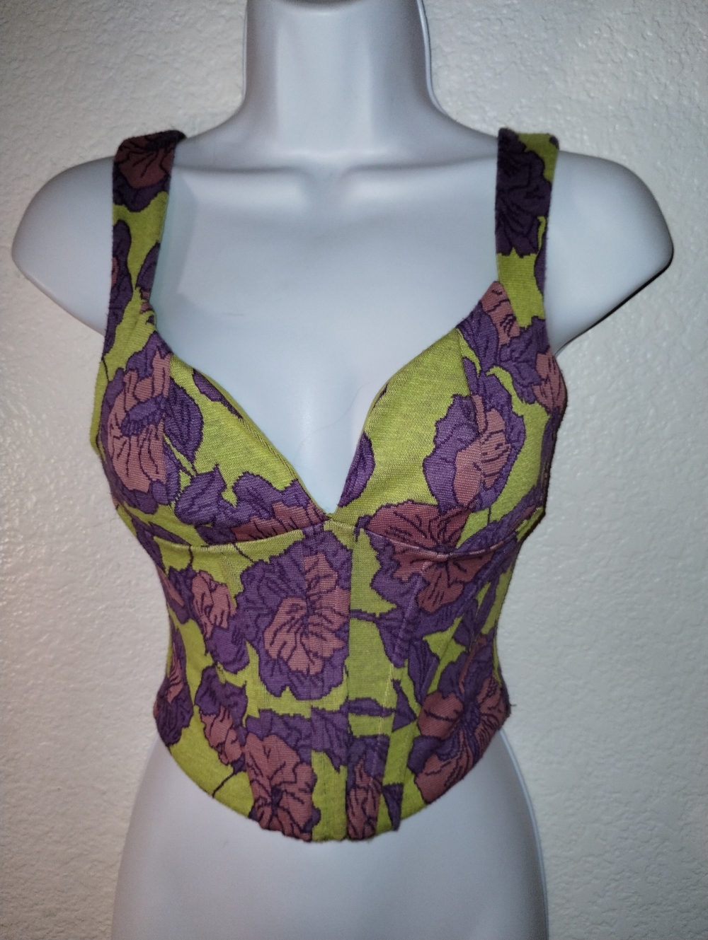 Zara Floral Lime Green Purple Corset Tank Top sz Small